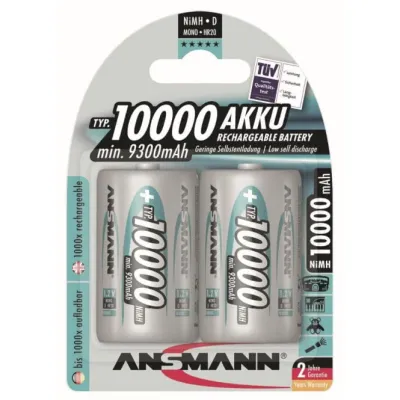 Ansmann Akku Mono D 10000mAh 5030642 | NiMH HR20 | 1,2V | wiederaufladbar | 2 Stück Blister | hohe Kapazität | silber