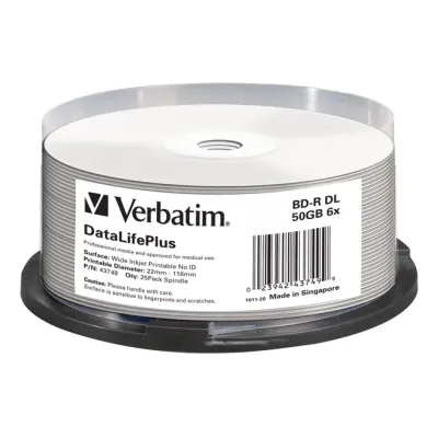 Verbatim Blu-ray Disc BD-R DL 43749 | 50GB | 6x Speed | Inkjet Printable | Wide Fullsize | Spindel 25 Stück | Weiß