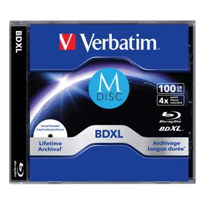 Verbatim M-DISC BD-R XL 43833 | Blu-ray 100GB | 1-4x Speed | Jewelcase | inkjet bedruckbar | extrem langlebig | weiß