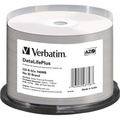 Verbatim CD-R 80min 700MB 52x | 43756 | Thermo Printable | Wide Printable | Cakebox 50 Stück | Weiß