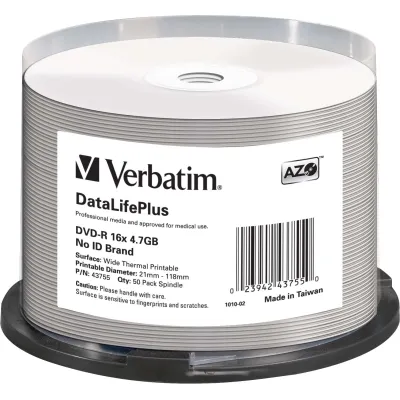 Verbatim DVD-R 4,7GB 16x | 43755 | Rohling | Thermo Printable | Wide Thermal | Spindel 50 Stück | Weiß