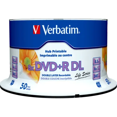 Verbatim DVD+R DL 97693 | Double Layer 8,5GB | 8x Speed | Cakebox 50 Stück | Inkjet bedruckbar | Wide Printable weiß
