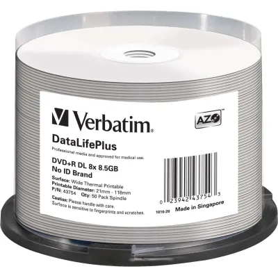 Verbatim DVD+R Double Layer 43754 | 8,5GB 240Min 8x | 50er Spindel | Thermo-bedruckbar Weiß | Cakebox