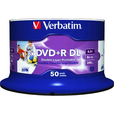 Verbatim DVD+R Double Layer 43703 | 8,5GB 8x Inkjet Printable | 50er Spindel | White Full Surface | 240 Min