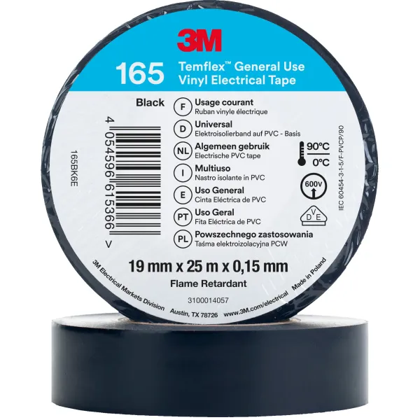 3M Vinyl-Isolierband Temflex 165BK6E | Elektro Isolierband PVC | 19 mm x 25 m | Schwarz | witterungsbeständig