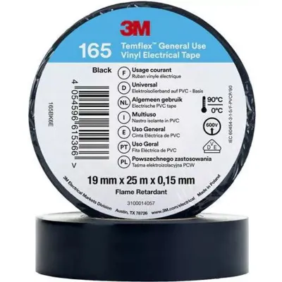 3M Vinyl-Isolierband Temflex 165BK6E | Elektro Isolierband PVC | 19 mm x 25 m | Schwarz | witterungsbeständig