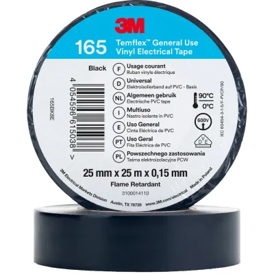 3M Vinyl-Isolierband 165BK8E | Elektro-Isolierband PVC | 25mm x 25m | 0,15mm Stärke | schwarz