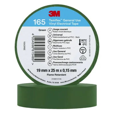 3M Isolierband Temflex 165GR6E | PVC Elektro-Isolierband | 19 mm x 25 m | grün | 0,15 mm Stärke | für Innen & Außen
