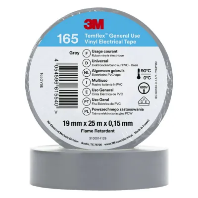 3M Isolierband 165GY6E Temflex 165 | PVC Elektro-Isolierband | 19 mm x 25 m | 0,15 mm Stärke | grau
