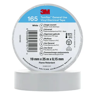 3M Isolierband Temflex 165WH6E | Vinyl Elektro-Isolierband PVC | 19 mm x 25 m | Weiß | 0,15 mm | für Kabel & Leitungen