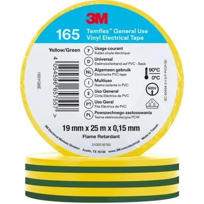 3M Isolierband Temflex 165YG6E | Vinyl | Elektro-Isolierband | 19mm x 25m | PVC | grün/gelb | 0,15mm