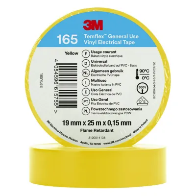 3M Isolierband Temflex 165YL6E | PVC Elektro-Isolierband | 19 mm x 25 m | 0,15 mm Stärke | gelb