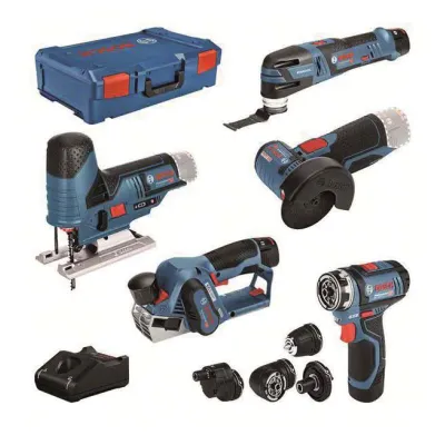 Bosch Elektrowerkzeug-Set 12V 5-teilig | GSR+GOP+GHO+GWS+GST | 3 Akkus | Schnellladegerät | XL-BOXX | Blau