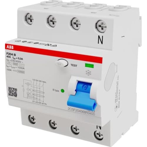 Bild: ABB F204B-40/0,3 FI-Schutzschalter Typ B 4P 4TE 40A 300mA (2CSF204568R3400)