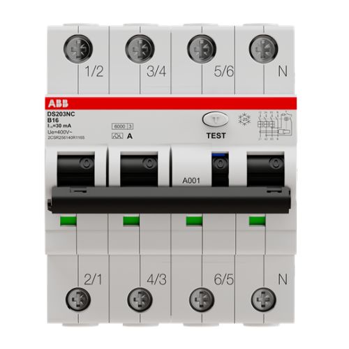 Bild: ABB FI/LS-Schalter DS203NC  B16 A30 Typ A 30mA 3P+N 4-polig schaltend
