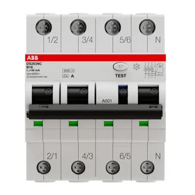 ABB FI/LS-Schalter DS203NCA-B16/0,03 | RCBO 3P+N Typ A | B16 16A | 30mA | 6kA | 400V | 4TE | schaltender Neutralleiter