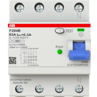 ABB FI-Schutzschalter Typ B F204B-63/0,3 | 4-polig | 63A | 400V | 300mA | allstromsensitiv | 3kA | DIN-Schiene