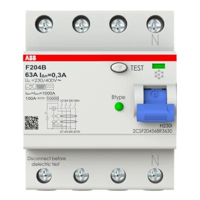ABB FI-Schutzschalter Typ B F204B-63/0,3 | 4-polig | 63A | 400V | 300mA | allstromsensitiv | 3kA | DIN-Schiene