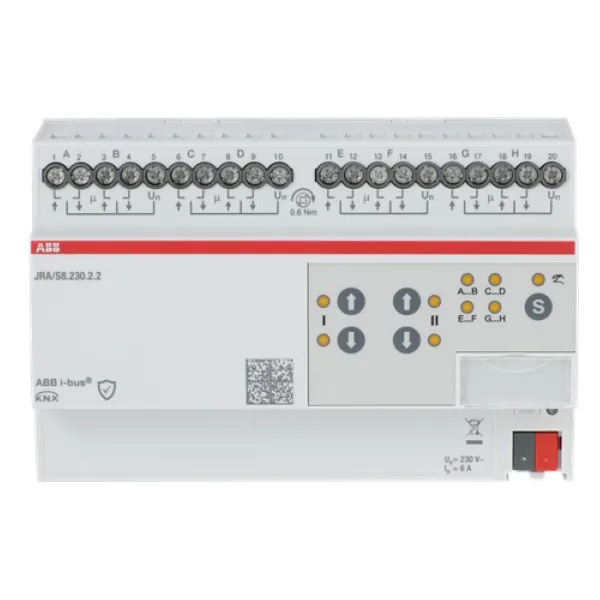 ABB Jalousieaktor JRA/S8.230.2.2 | KNX | 8-fach | REG-Montage | 230V AC | LED-Anzeige | 2400W | IP20 | Handbedienung