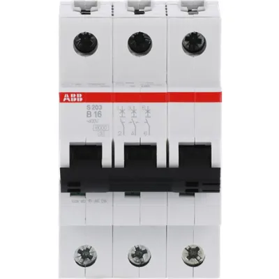 ABB Leitungsschutzschalter S203-B16 | 3-polig | B-Charakteristik | 16A | 400V | 6kA | Hutschiene | IP20 | grau