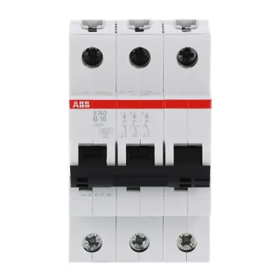 ABB Leitungsschutzschalter S203-B16 | 3-polig | B-Charakteristik | 16A | 400V | 6kA | Hutschiene | IP20 | grau