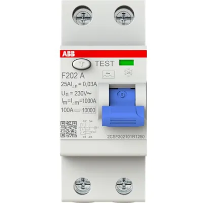 ABB FI-Schutzschalter F202A-25/0,03 | 2-polig Typ A | 25A 30mA | Fehlerstrom-Schutzschalter | 230V | DIN-Schiene | IP20