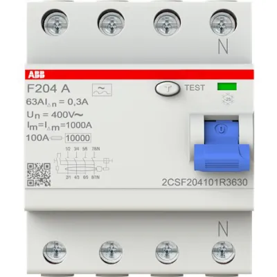 ABB FI-Schutzschalter F204A-63/0,3 | 4-polig Typ A | 63A | 400V | 300mA | DIN-Schiene | IP20 | Hutschienenmontage | Grau