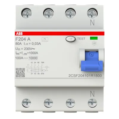 ABB Stotz FI-Schutzschalter F204A-80/0,03 | 4-polig | 80A | 400V | 30mA Typ A | DIN-Schiene | IP20 | bunt