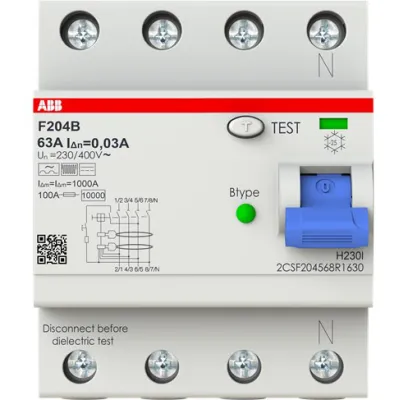 ABB FI-Schutzschalter Typ B F204B-63/0,03 | 4-polig | 63A | 30mA | 400V | RCCB allstromsensitiv | 3kA | DIN-Schiene