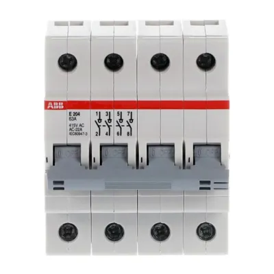 ABB Hauptschalter E204/63G | Ausschalter 4-polig | 63A | 400V AC | Hutschiene | Schaltgriff grau | IP10
