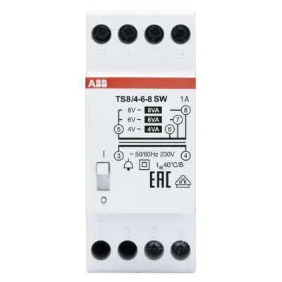 ABB Klingeltransformator TS8/4-6-8SW 2CSM081012R0811 | 230V | 4-6-8V | 2A | REG 2TE | kurzschlusssicher | schwarz