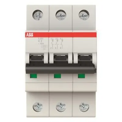 ABB Leitungsschutzschalter S203-C2 | 3-polig | C-Charakteristik | 2A | 400V AC | 6kA | 3TE | für DIN-Schiene