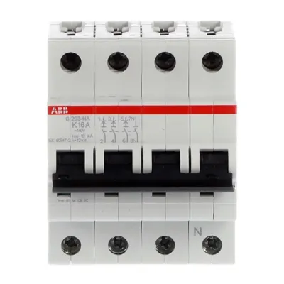 ABB Leitungsschutzschalter S203-K16NA | 3-polig+N | K-Charakteristik | 16A | 400V | 6kA | AC | IP20 | weiß