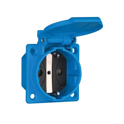 ABL SCHUKO Einbausteckdose Typ F | IP54 spritzwassergeschützt | 50x50mm | Thermoplast | Klappdeckel blau