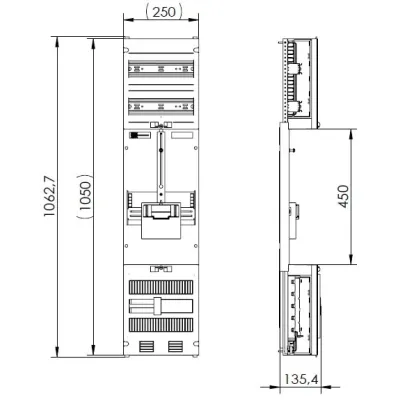 ABN Zählerfeld Z17001 | 3-Punkt 1-Zähler | 5-polig | mit Schienen | 1-stöckig | 250x1050 mm | geschlossener Deckel