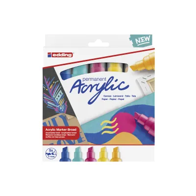 edding Acrylmarker Set 5er | Keilspitze 5-10mm | deckend | wasserfest | Blau, Gelb, Pink, Türkis