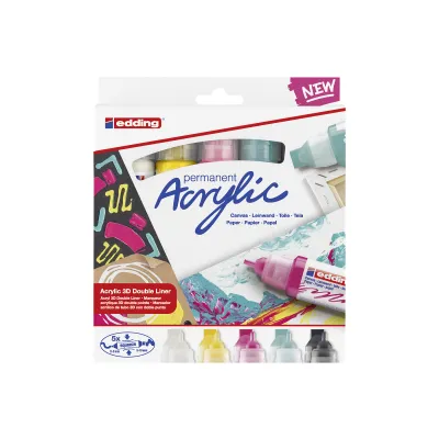 edding Acryl 3D Double Liner 5400 | Acrylfarben Set 5 Tuben | doppelte Spitze | für Leinwand, Holz, Papier | 5 Farben