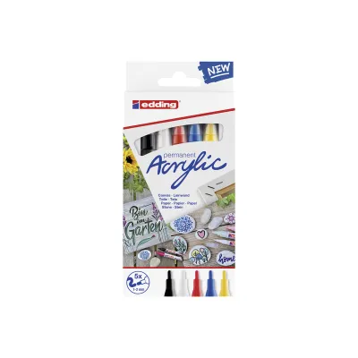 edding Acrylmarker 5300 basic 5er-Set | Feine Rundspitze 1-2 mm | Wasserfest | Schwarz, Rot, Blau, Gelb, Weiß