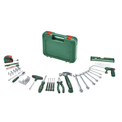 Bosch Werkzeugkoffer Advanced Set 1600A02ZB3 | 64-tlg. Handwerkzeug-Set | Zangen, Klauenhammer, Ratsche | mit Koffer