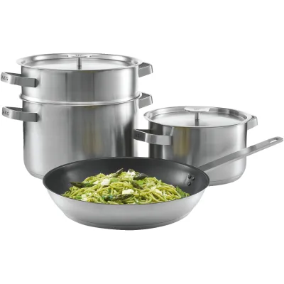 AEG Kochgeschirr-Set A4SS | 2 Töpfe 4l/6l | Pfanne 28cm | Pastaeinsatz | Induktion | Edelstahl | spülmaschinengeeignet
