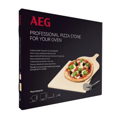 AEG Pizza Set A9OZPS1 | Pizzastein aus Naturstein | Holzbrett mit Griff | Edelstahl-Schneidemesser | 3-teilig