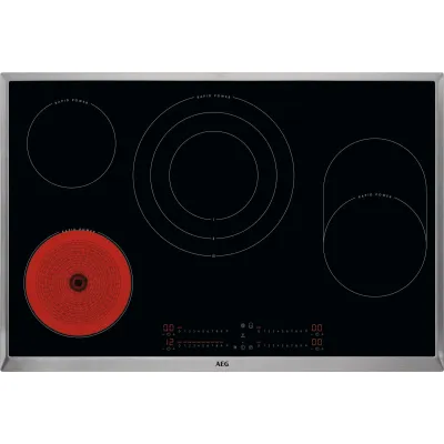 AEG Glaskeramik-Kochfeld HKC85787XB | 80 cm autark | 4 Kochzonen | Edelstahlrahmen | Hob2Hood | Slider Touch | schwarz