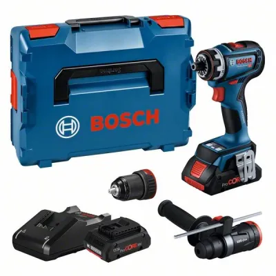 Bosch Akku-Bohrschrauber GSR 18V-90 FC | 18V 2x4Ah Li-Ion | FlexiClick | 90 Nm | Ladegerät | L-BOXX | blau