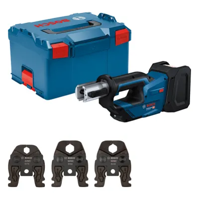 Bosch Akku-Presswerkzeug GPT 18V-19 06019M2002 | 18V Solo | max. 40mm Kunststoff | 3 Pressbacken | L-BOXX | blau