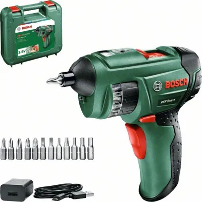 Bosch Akkuschrauber PSR Select 0603977005 | 3,6V Li-Ion 1,5Ah | 12 Bit-Trommel | Micro-USB Ladefunktion | Koffer | grün