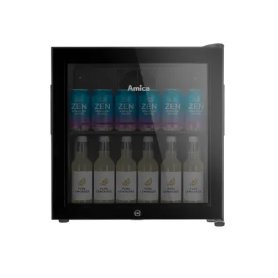 AMICA Getränkekühlschrank FK 341150 S | Getränkekühler 41L | Glastür UV-Schutz | Flaschen/Dosen | Schwarz | 50x48x45cm