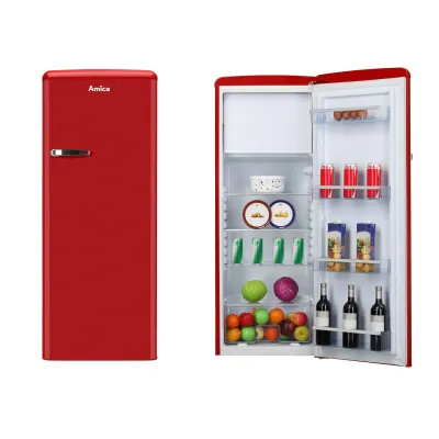 Amica Retro Kühlschrank KSR 364 150 R | Standkühlschrank mit Gefrierfach | 218 L | LED | 144x55x61,5 cm | chili red
