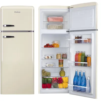 Amica Kühl-Gefrierkombination DTR 374 190 B | Retro Design | 206L (162L/44L) | 144x55x62cm | Energieklasse D | beige