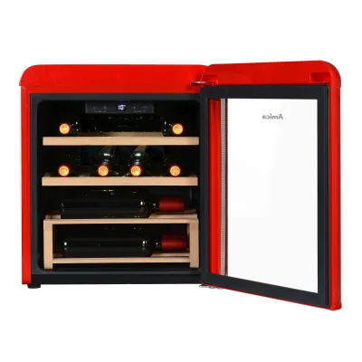 Amica Retro Weinkühlschrank WKR 341 910 R | 10 Flaschen | 48l | 1 Temperaturzone | Holz-Ablagen | LED | UV-Schutz | Rot