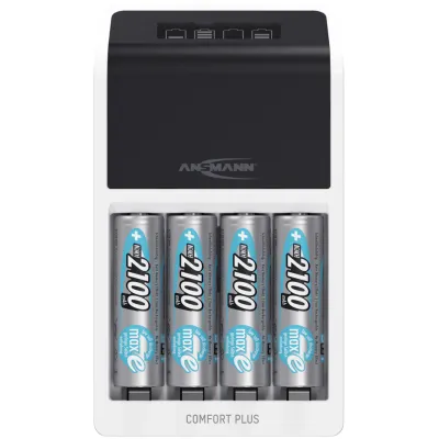 Ansmann Schnell-Ladegerät Comfort Plus 1001-0094-01 | für NiMH AA AAA & 9V Akkus | inkl. 4x AA 2100mAh | Entladefunktion